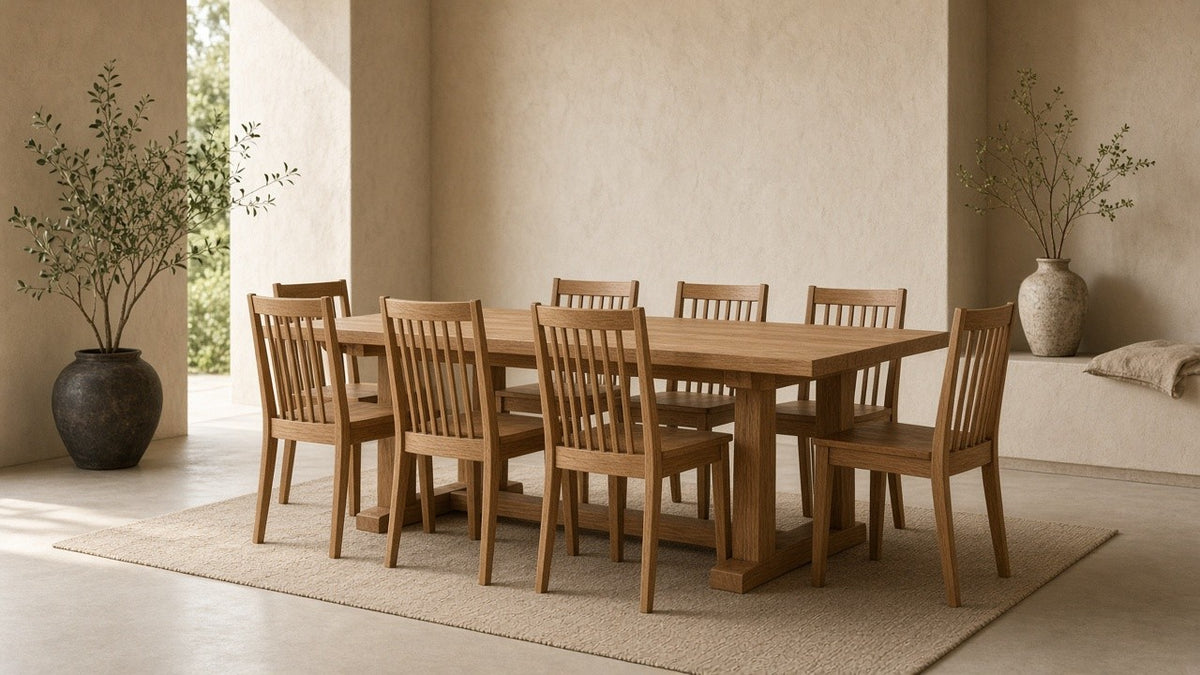 Mission 70 solid oak dining table with six chairs in empty dining room, warm plaster walls, soft daylight