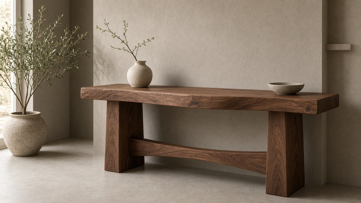 Handmade solid walnut console table in a quiet plaster entryway