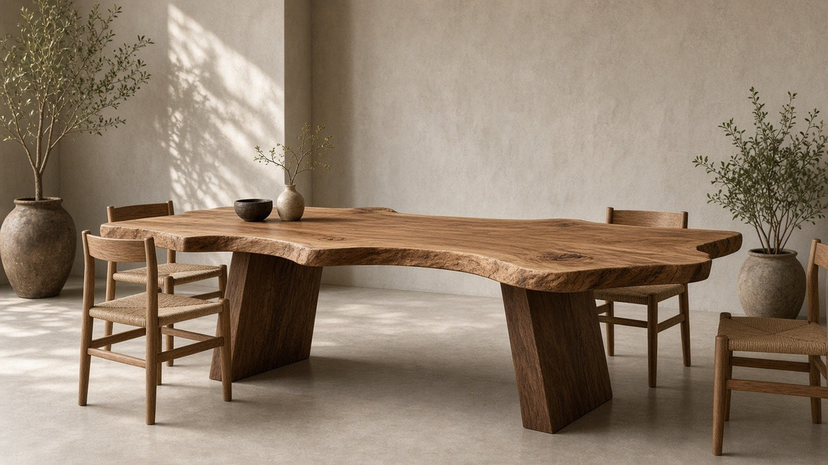 Athea butterfly natural live-edge dining table in empty dining room, warm plaster walls, soft daylight