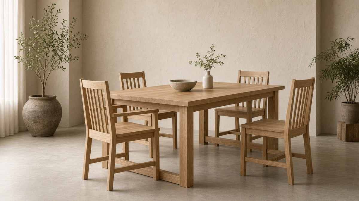 Mission-style white oak dining table set in empty dining room, warm plaster walls, soft daylight