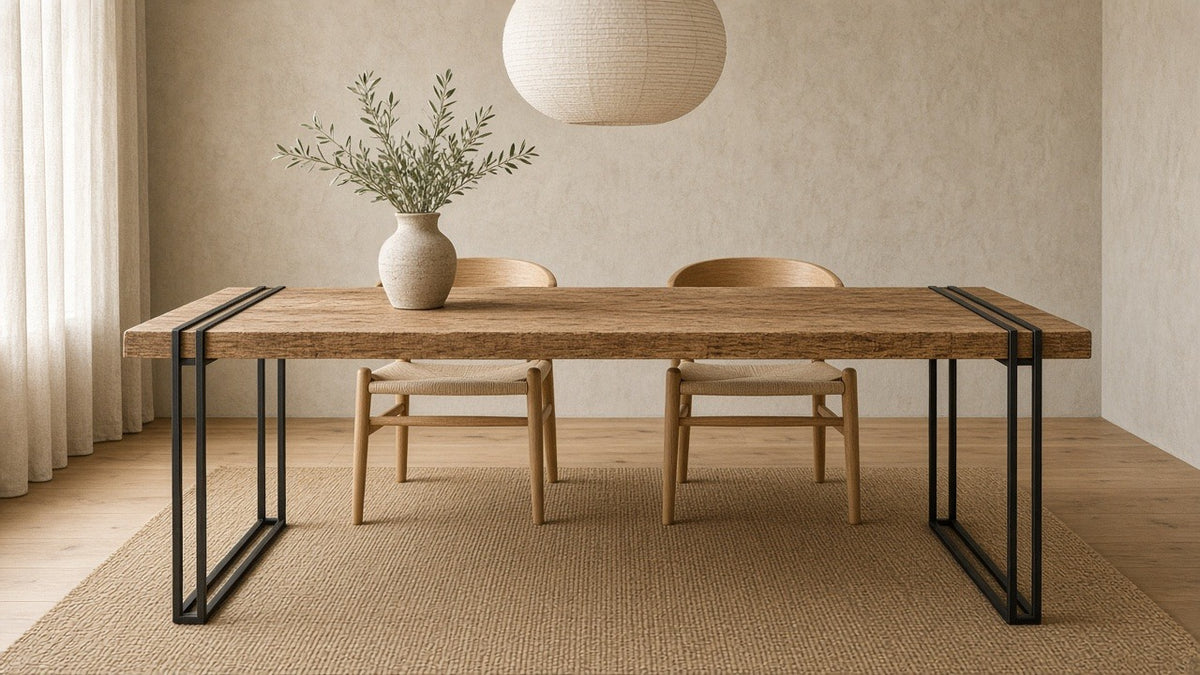 Reclaimed mango wood dining table on double black iron frames in a calm plaster dining room