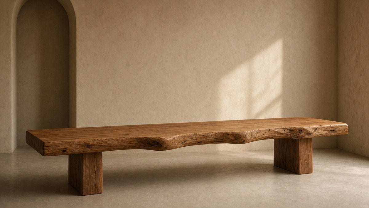Solid wood live-edge bench in empty hall, warm plaster walls, soft daylight