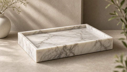 Handcrafted natural marble vanity tray on a quiet plaster surface