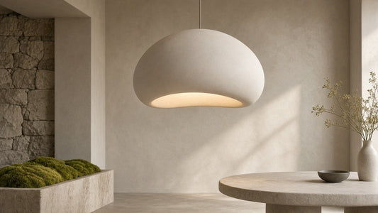 Organic pebble sculptural pendant light in a quiet plaster room