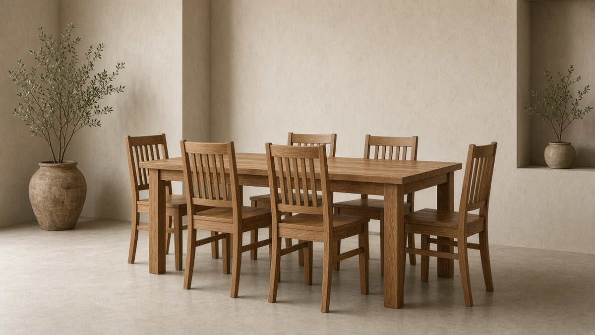 Mission 70 solid oak dining table with six chairs in empty dining room, warm plaster walls, soft daylight