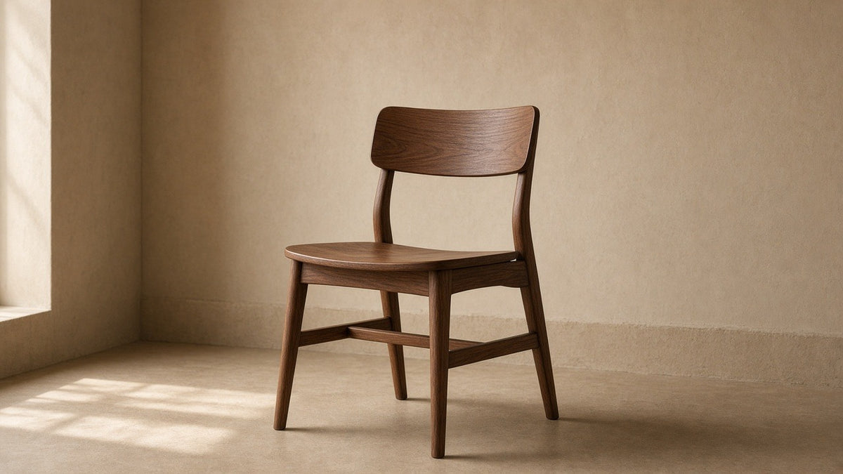 Solid walnut chair C-2 in empty room, warm plaster walls, soft daylight