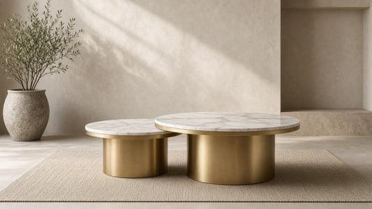 Marble-top nesting coffee tables in a quiet plaster living room