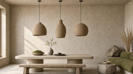 Coastal trio jute pendant lights over a quiet dining table