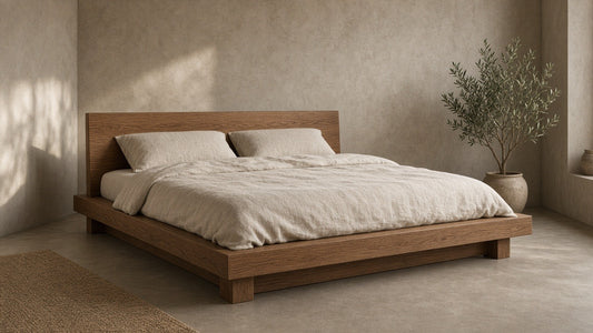 Queen solid wood platform bed in a quiet plaster bedroom