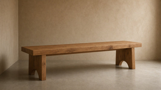 Solid natural mango wood bench 60 inches in empty hall, warm plaster walls, soft daylight