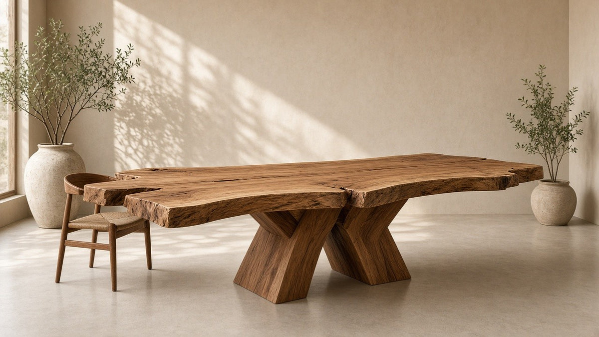 Athea butterfly natural live-edge dining table in empty dining room, warm plaster walls, soft daylight
