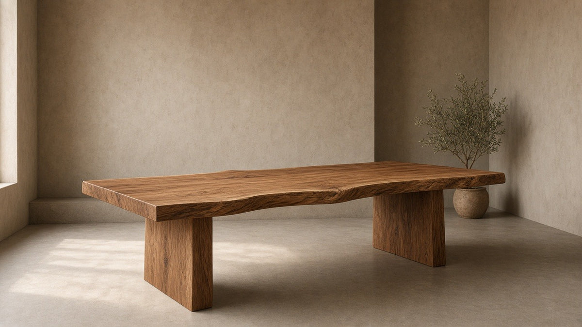 Solid wood live-edge dining table in empty dining room, warm plaster walls, soft daylight