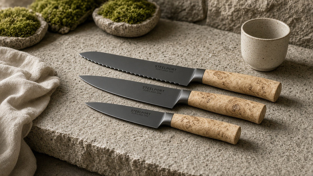 STEELPORT three-piece essential knives on a quiet stone kitchen counter