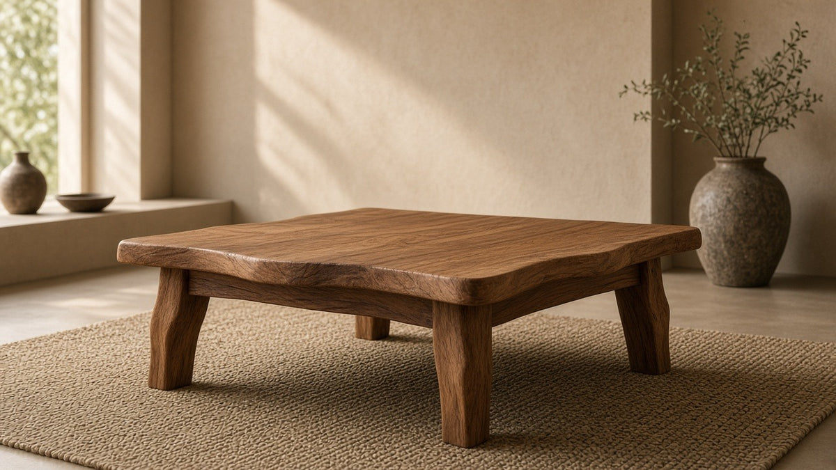 Organic square teak coffee table 32 inches in empty living room, warm plaster walls, soft daylight