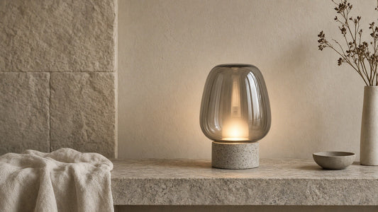 Modern glass table lamp in a quiet plaster bedroom corner