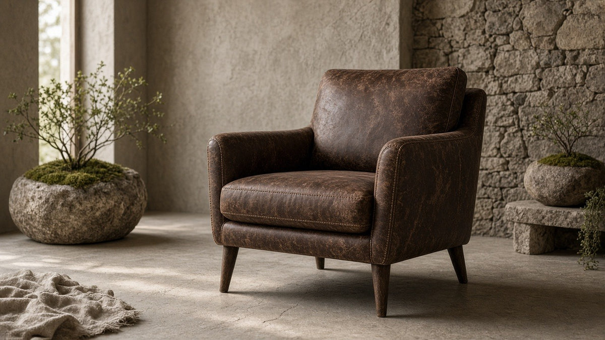 Distressed chocolate brown leather armchair in a quiet stone living room