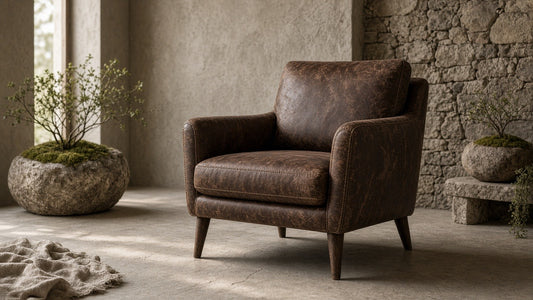 Distressed chocolate brown leather armchair in a quiet stone living room