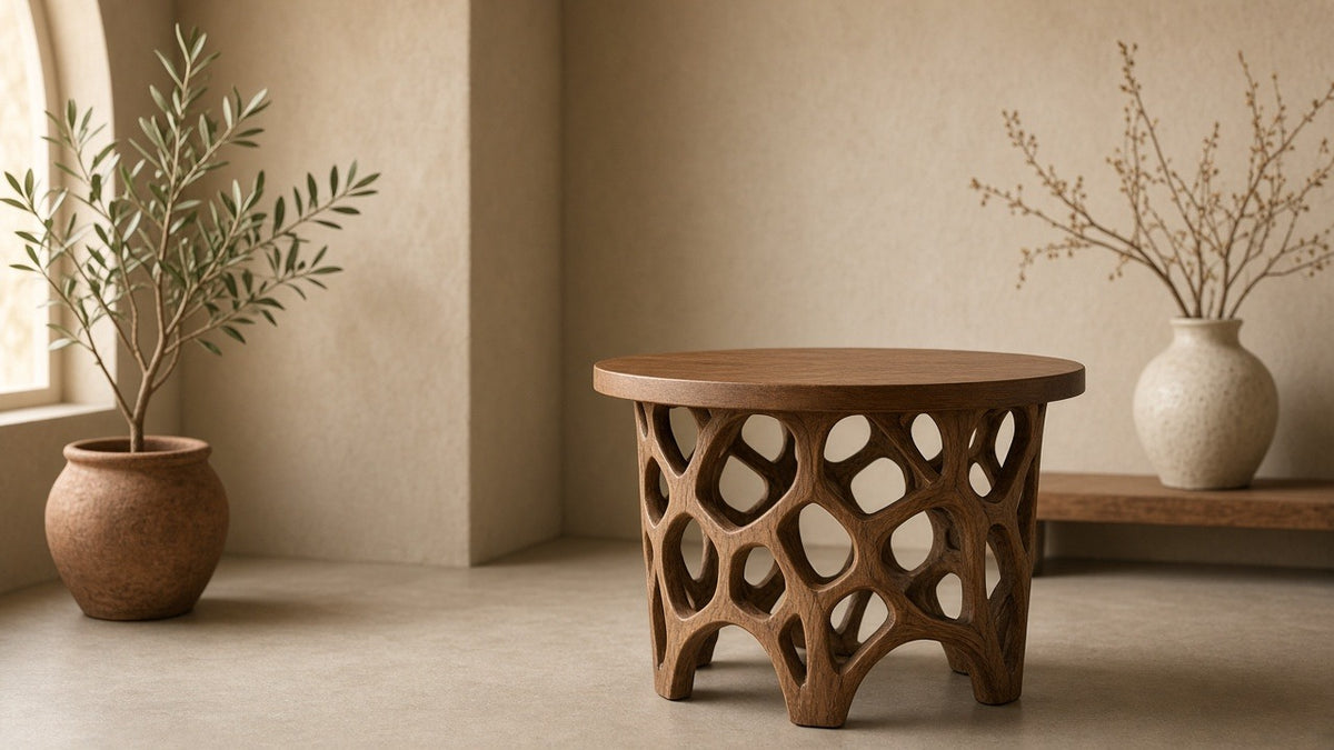 Round Voronoi side table in empty living room, warm plaster walls, soft daylight