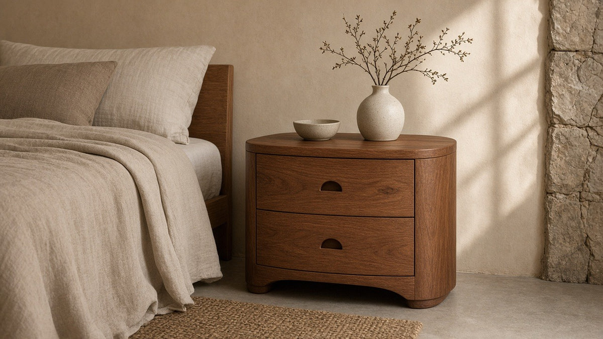 Chestnut curved-edge bedside in a quiet plaster bedroom