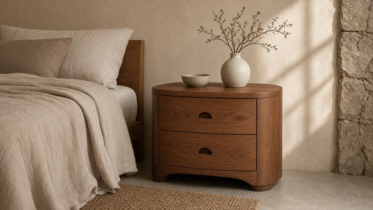Chestnut curved-edge bedside in a quiet plaster bedroom