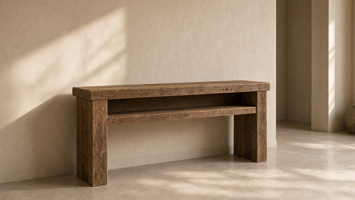 Timbergirl reclaimed wood console table in empty entry hall, warm plaster walls, soft daylight