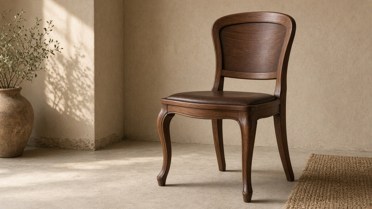 Solid walnut Italian-style chair in empty room, warm plaster walls, soft daylight
