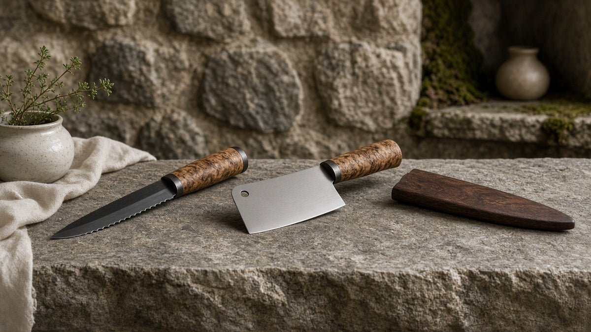 STEELPORT baker set knives and wooden sheath on a quiet stone kitchen counter