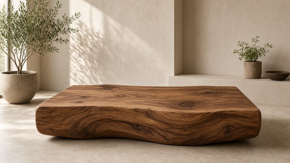 Suar slab coffee table in a quiet plaster living room