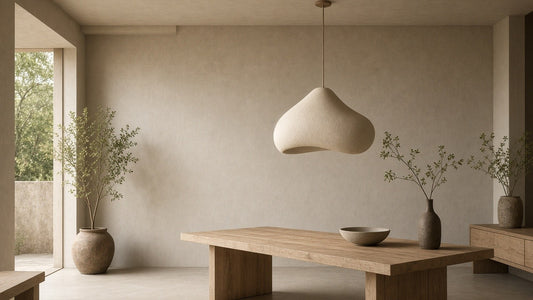 Japandi earthy organic pendant over a quiet dining table