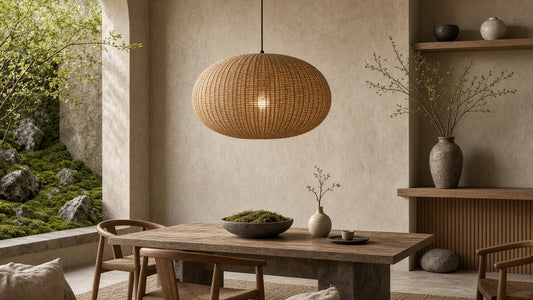 Oval rattan cocoon pendant in a quiet japandi dining room