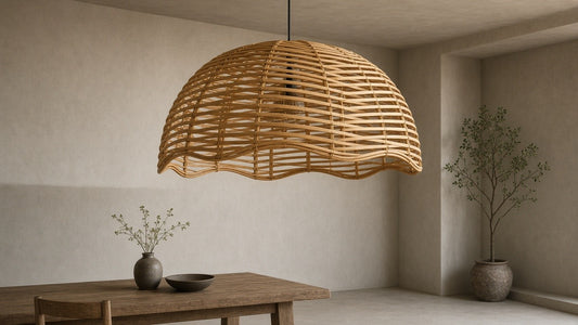 Wavy-edge bamboo dome pendant in a quiet plaster dining room