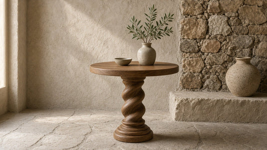 Solid wood barley-twist side table in a quiet stone living corner