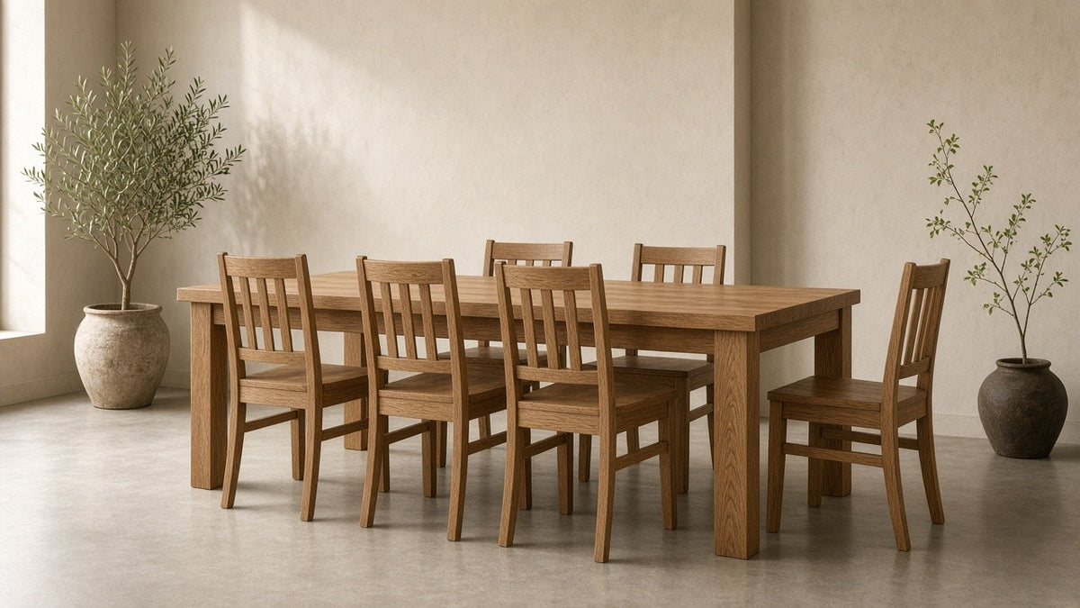 Quarter-sawn oak dining table and chairs in a quiet plaster dining room