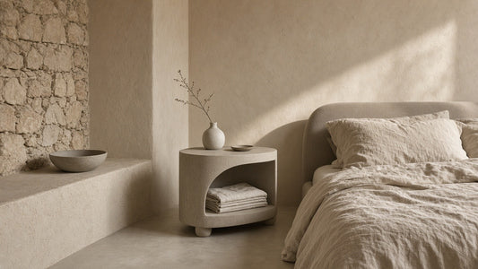 Curved open bedside in a quiet plaster bedroom corner