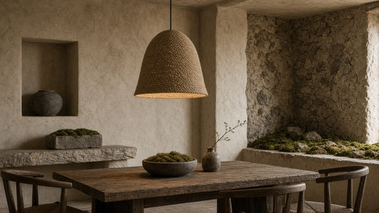 Rustic jute bell pendant in a quiet organic dining room