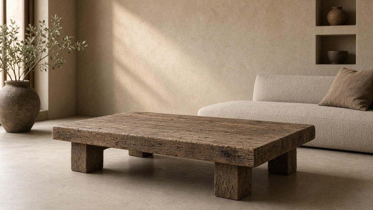 Old reclaimed wood coffee table in empty living room, warm plaster walls, soft daylight