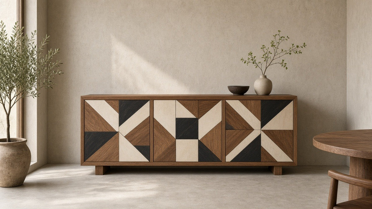 Wood and resin geometric buffet in empty dining room, warm plaster walls, soft daylight