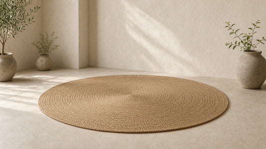Handwoven D-shape jute rug in a quiet plaster room