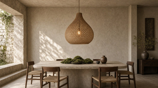 Onion lattice rattan pendant in a quiet woven dining room