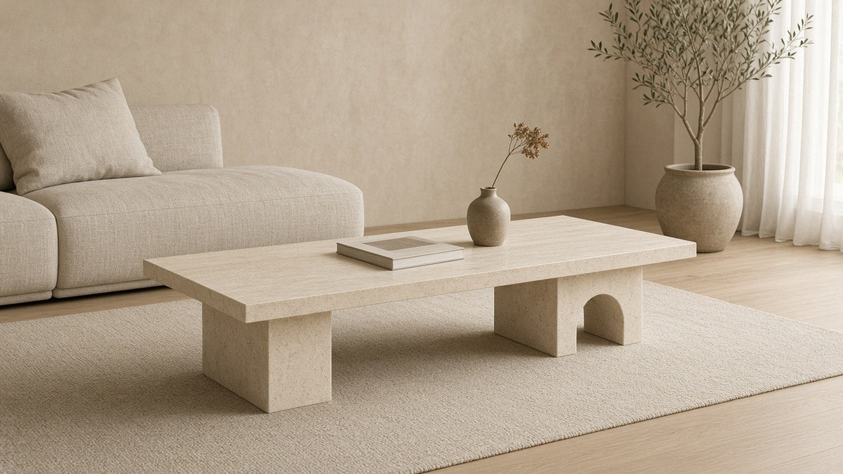 Light travertine coffee table with arched base in a quiet plaster living room, soft daylight