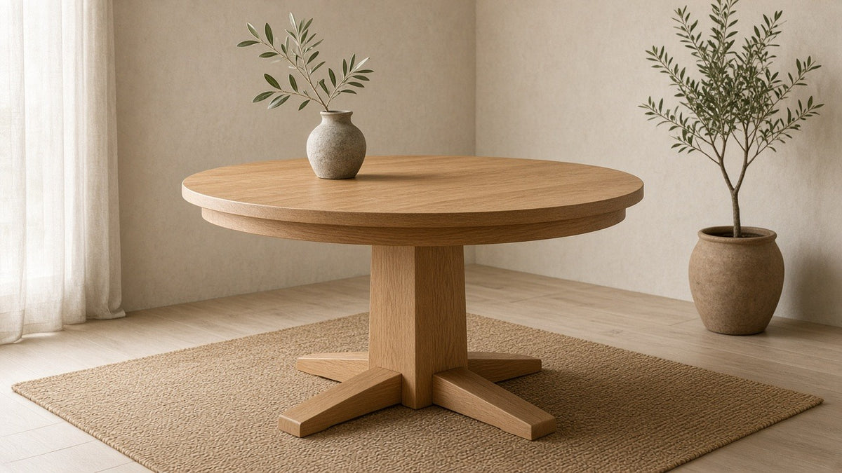Mission quarter-sawn oak round pedestal dining table in a quiet plaster dining nook, soft daylight