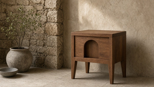 Harper solid wood end table in a quiet stone living corner