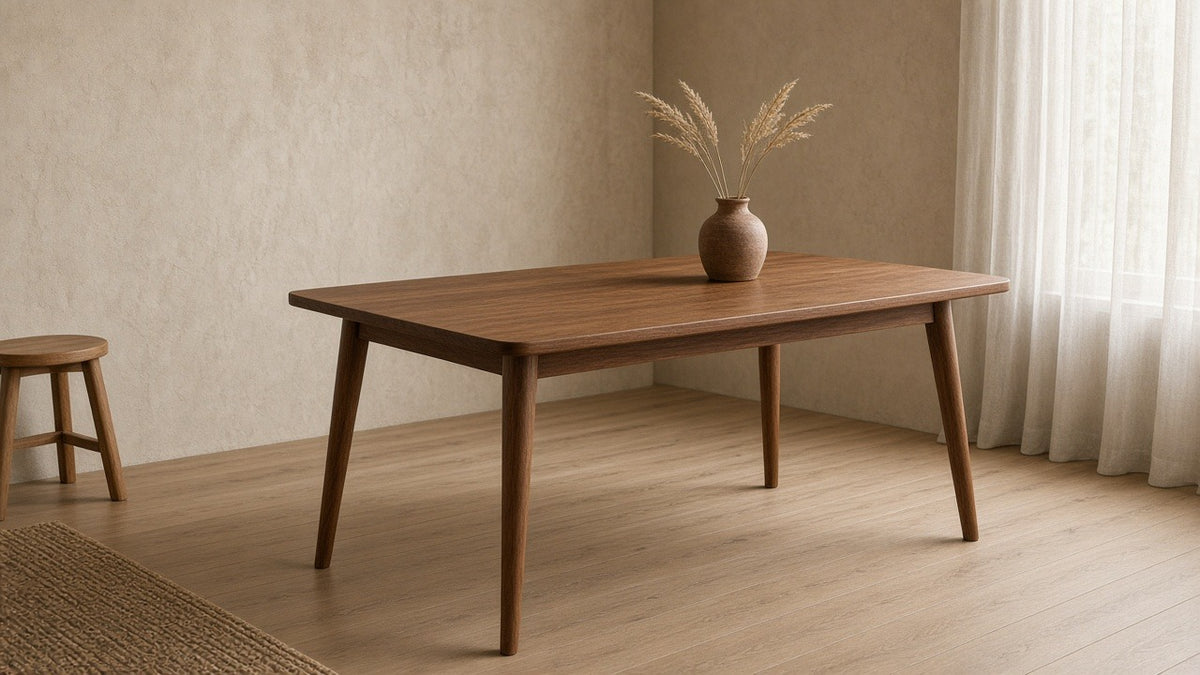 Solid hardwood dining table with tapered legs in a quiet plaster dining room, soft daylight
