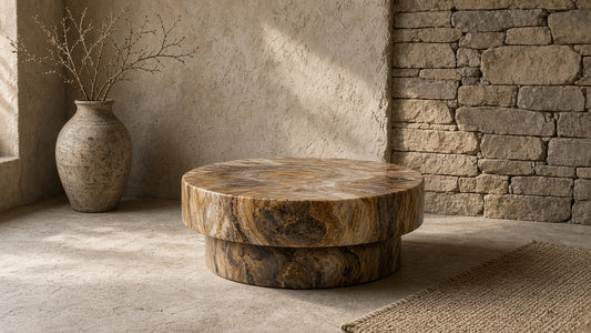 Petrified wood agate side coffee table in a quiet stone room