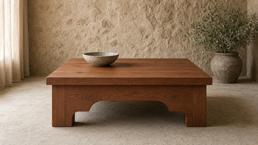 Russet solid wood artisan coffee table in a quiet plaster living room