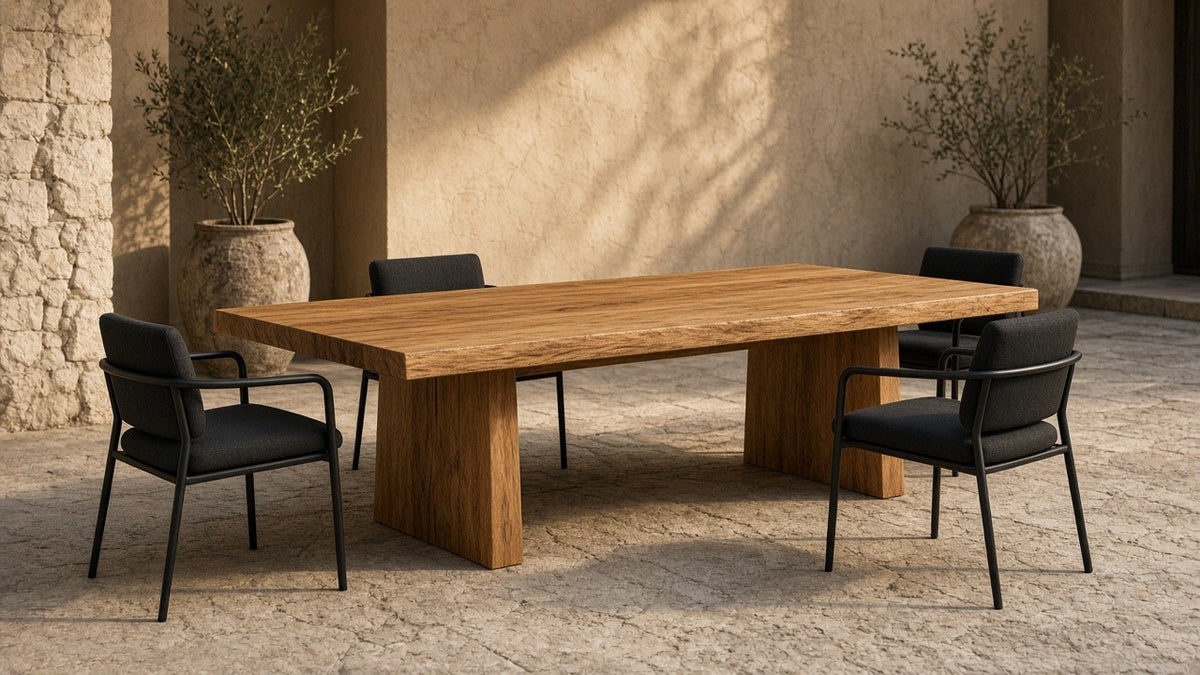 Orlando wood dining table with Manhattan black chairs on a quiet golden-hour patio