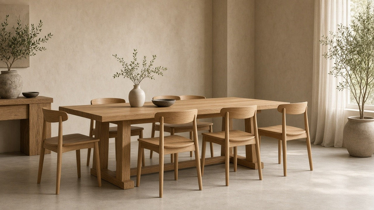 Quarter-sawn oak dining table and chairs in a quiet plaster dining room