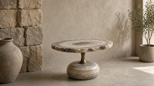 Oval agate organic-edge side table in a quiet plaster room