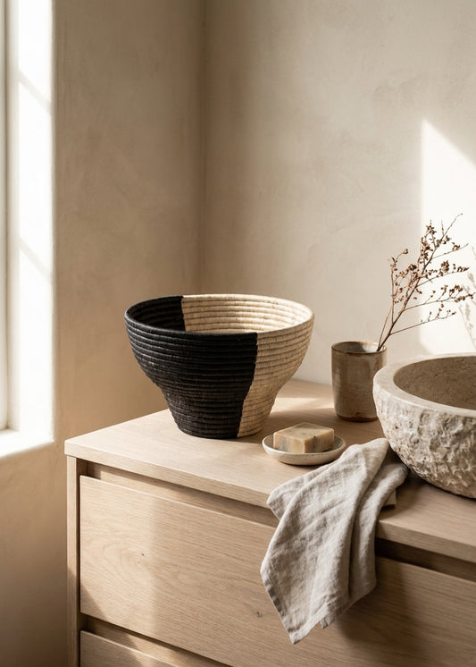 Dark and light wicker basket bowl on wooden dresser with stone bowl and cloth