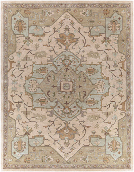 Large, intricately tufted rug with geometric designs in neutral tones, set against a plain background.